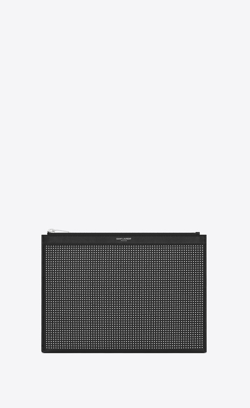 Saint Laurent Paris Tablet-Etui aus schwarzem Leder mit Nieten und Reißverschluss
